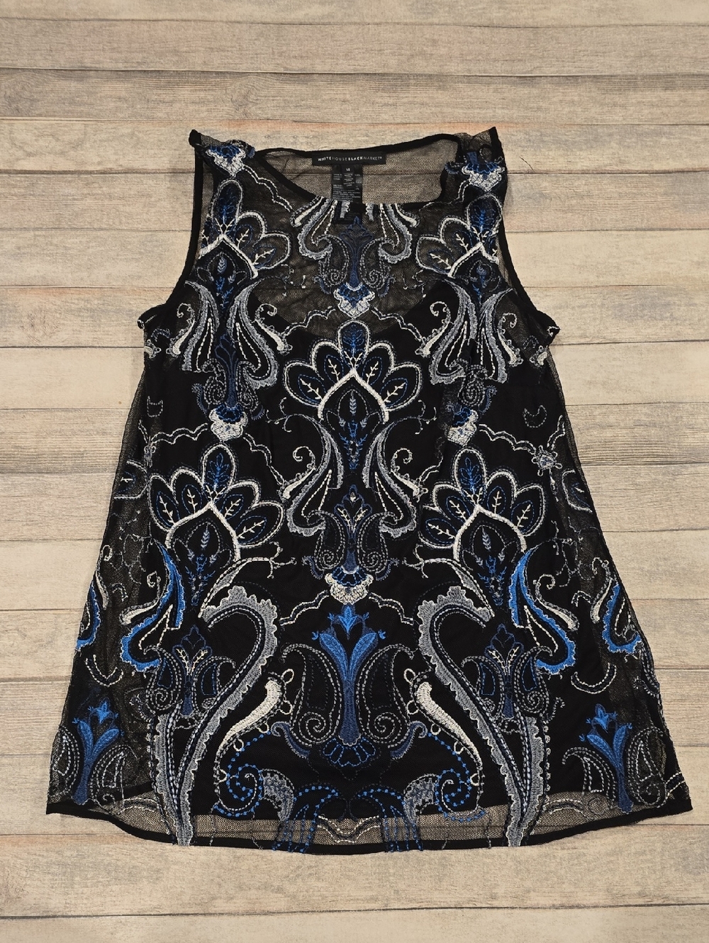 White House Black Market Embroidered Black & Blue Sleeveless Top Sz Medium